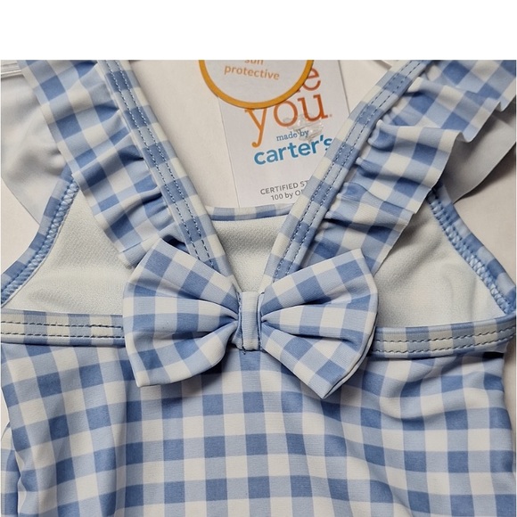 New! Carter's Baby Girl One Piece Swimsuit Blue Gingham Plaid Ruffle & Bow - Picture 6 of 7